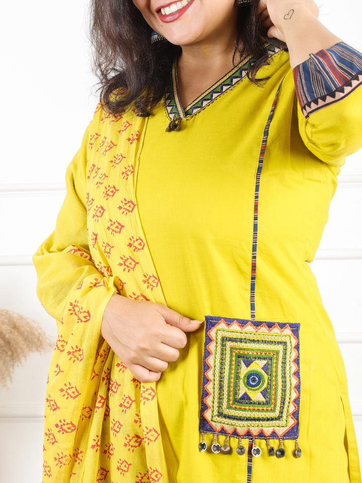 Malikaa Lemon Yellow V neck Lace Work with Coin and Pocket Cotton 3 Piece Set