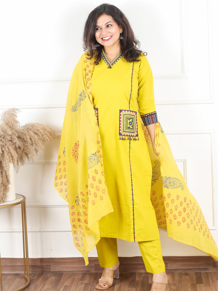 Malikaa Lemon Yellow V neck Lace Work with Coin and Pocket Cotton 3 Piece Set