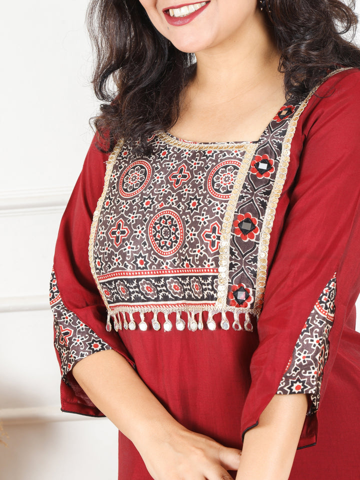 Nirvi Dark Maroon Mashru Patch Work Neck with Mirror Work Roman Silk Kurti