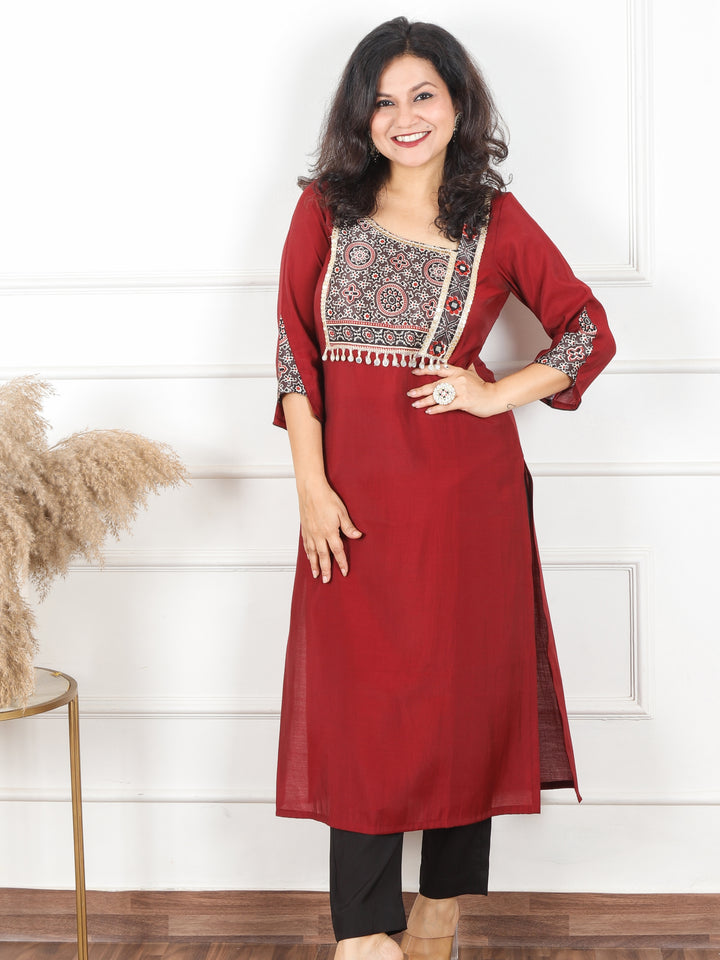 Nirvi Dark Maroon Mashru Patch Work Neck with Mirror Work Roman Silk Kurti