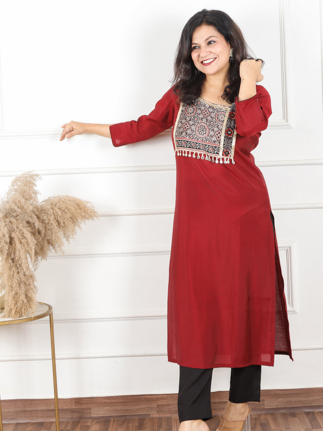 Nirvi Dark Maroon Mashru Patch Work Neck with Mirror Work Roman Silk Kurti