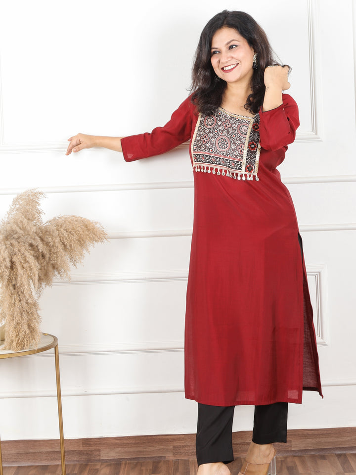 Nirvi Dark Maroon Mashru Patch Work Neck with Mirror Work Roman Silk Kurti