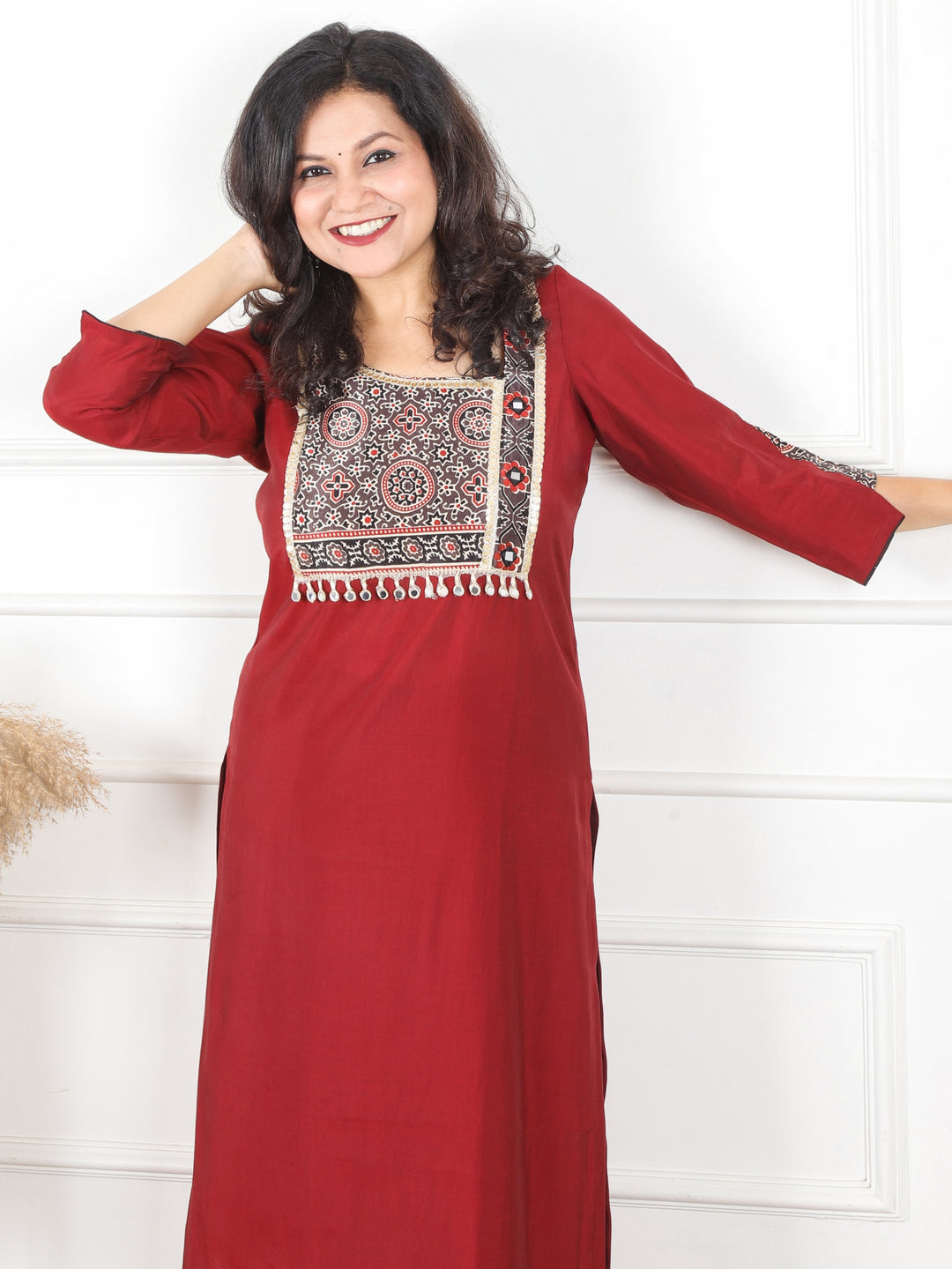 Nirvi Dark Maroon Mashru Patch Work Neck with Mirror Work Roman Silk Kurti