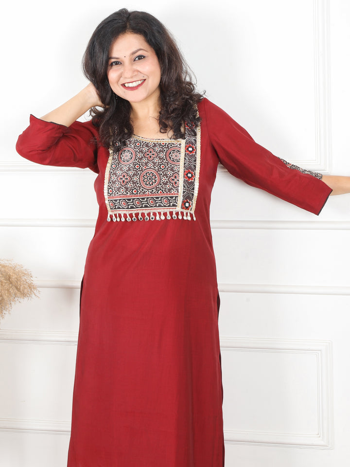 Nirvi Dark Maroon Mashru Patch Work Neck with Mirror Work Roman Silk Kurti