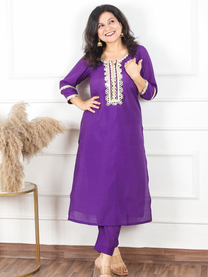Noor Vibrant Purple Mirror Lace Work on Neck and Sleeve Roman Silk Kurti