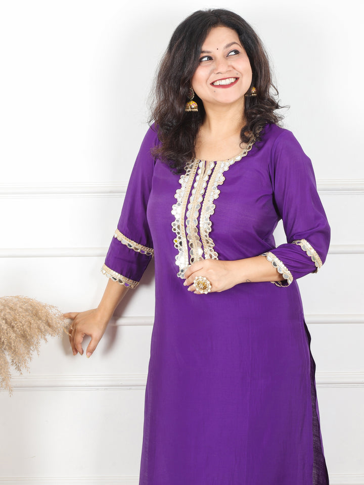 Noor Vibrant Purple Mirror Lace Work on Neck and Sleeve Roman Silk Kurti