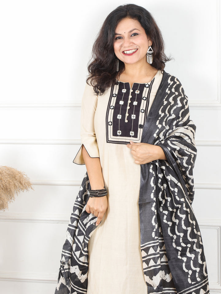 Dhun Cream Beige with Black Mirror Yoke with Potli Button Roman Silk 3 Piece Set-D1