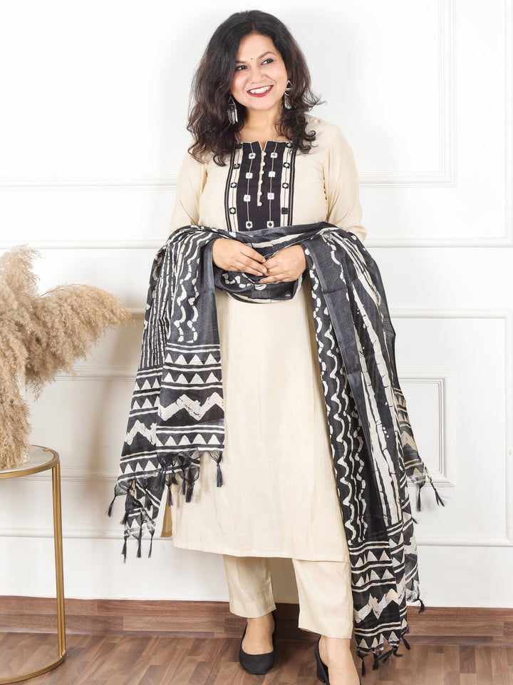 Dhun Cream Beige with Black Mirror Yoke with Potli Button Roman Silk 3 Piece Set-D1