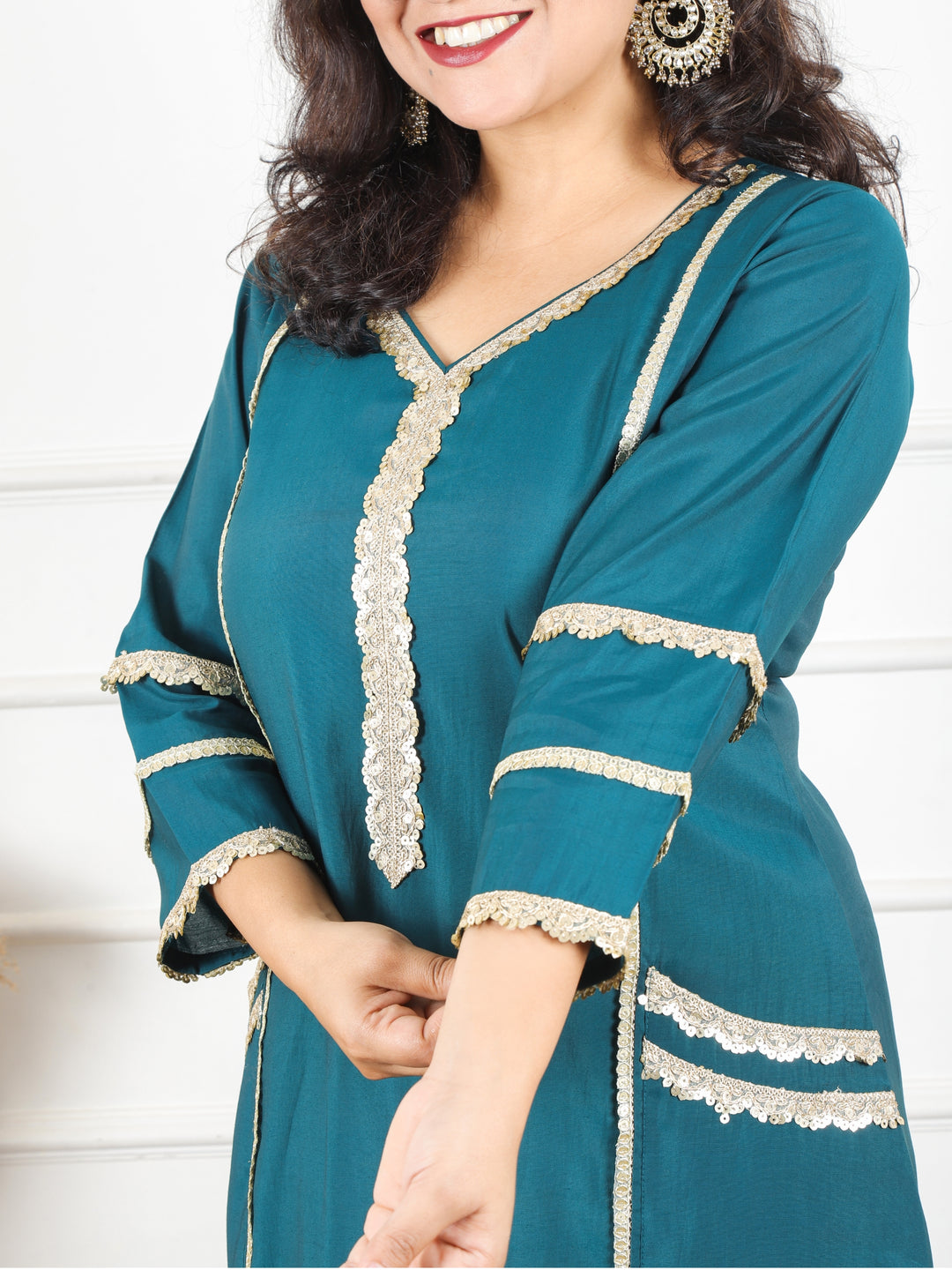 Jhanvi Jungle Teal All Over Lace Work in Panel Style Roman Silk Kurti with Pocket