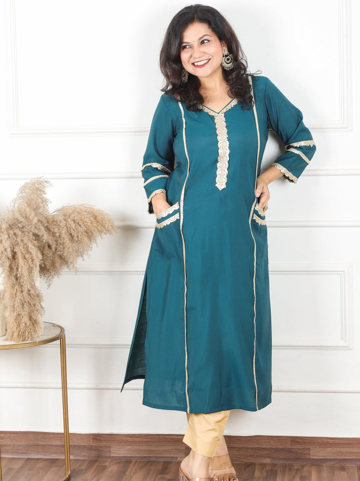 Jhanvi Jungle Teal All Over Lace Work in Panel Style Roman Silk Kurti with Pocket