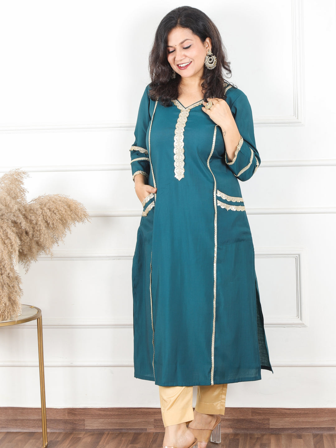 Jhanvi Jungle Teal All Over Lace Work in Panel Style Roman Silk Kurti with Pocket