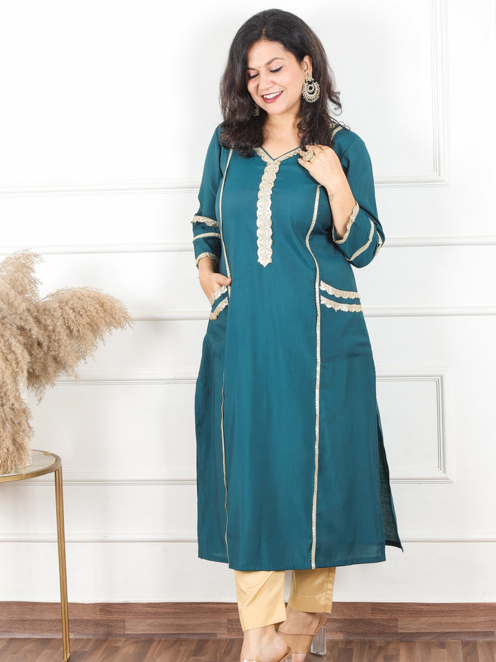 Jhanvi Jungle Teal All Over Lace Work in Panel Style Roman Silk Kurti with Pocket