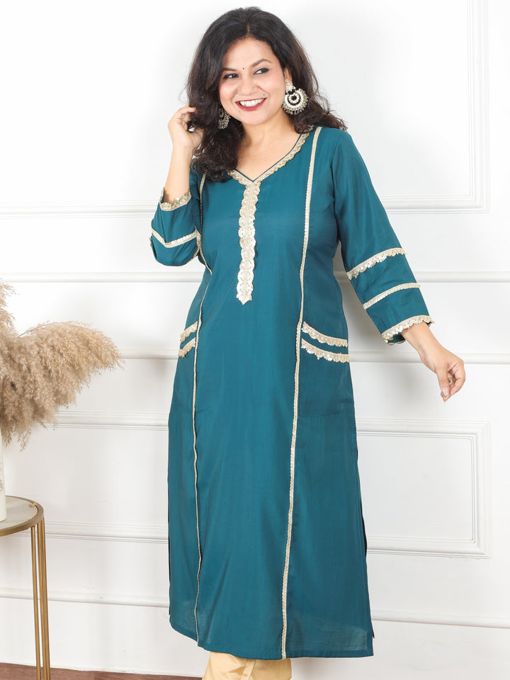 Jhanvi Jungle Teal All Over Lace Work in Panel Style Roman Silk Kurti with Pocket