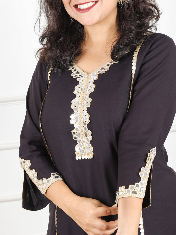 Khushi Ebony Black All Over Mirror Lace Work in Panel Style Roman Silk Kurti