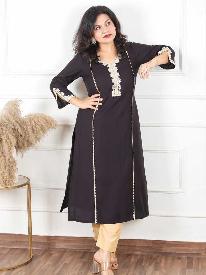 Khushi Ebony Black All Over Mirror Lace Work in Panel Style Roman Silk Kurti