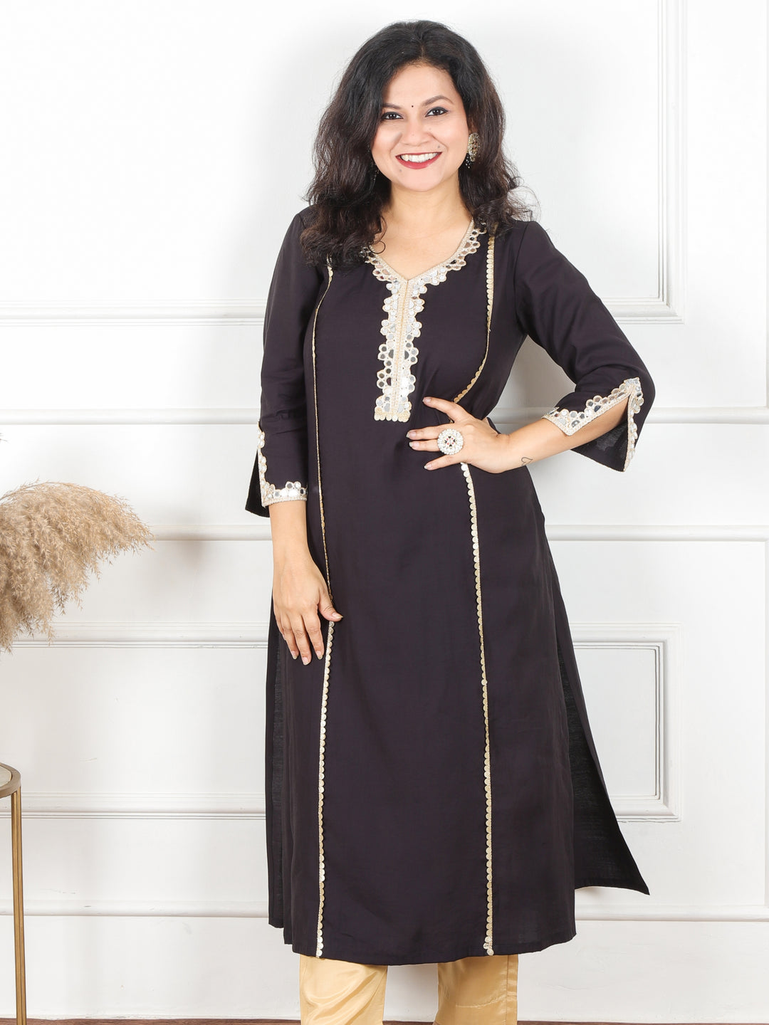 Khushi Ebony Black All Over Mirror Lace Work in Panel Style Roman Silk Kurti