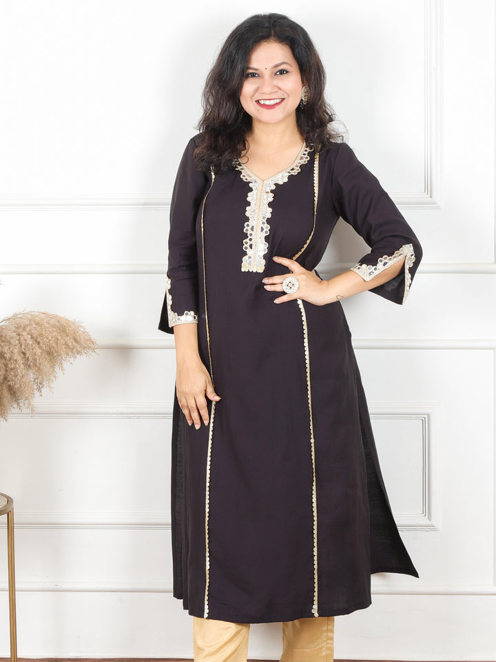 Khushi Ebony Black All Over Mirror Lace Work in Panel Style Roman Silk Kurti