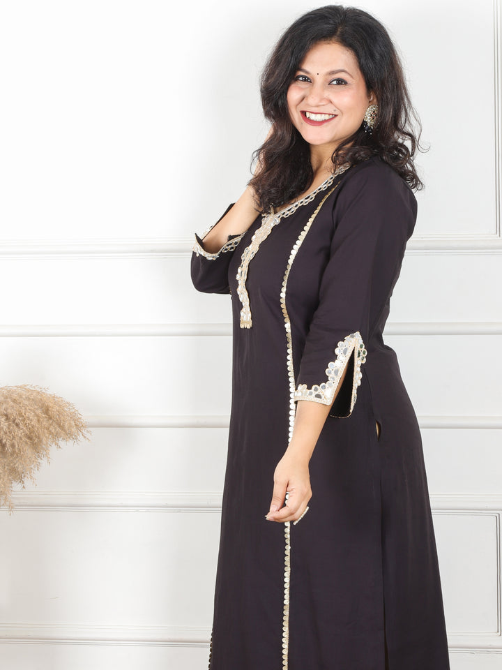 Khushi Ebony Black All Over Mirror Lace Work in Panel Style Roman Silk Kurti