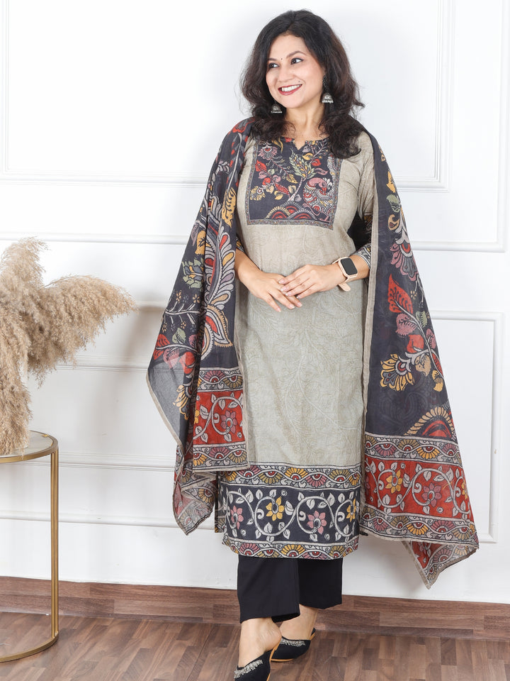 Saundrya Slate Grey Kalamkari Print Neck Patch Self Print Cotton 3 Piece Set