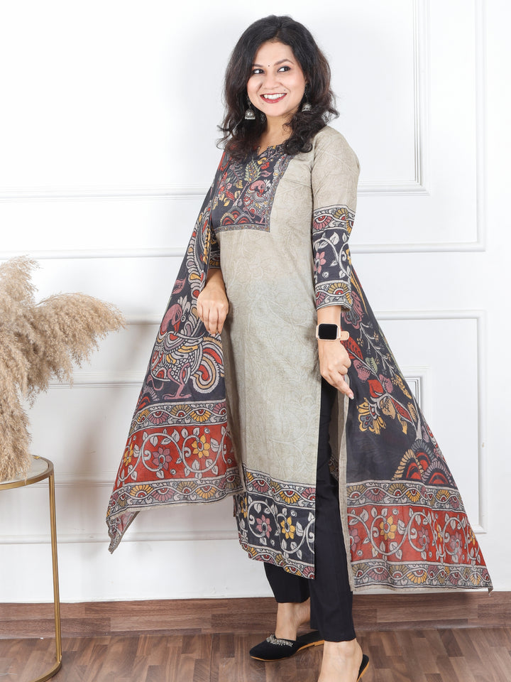 Saundrya Slate Grey Kalamkari Print Neck Patch Self Print Cotton 3 Piece Set