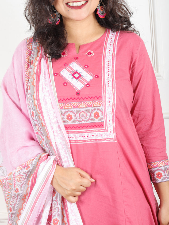 Maharani Pastel Pink Applique with Mirror and Thread Yoke on Neck Cotton 3 Piece Set