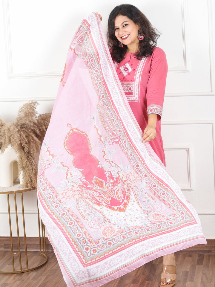 Maharani Pastel Pink Applique with Mirror and Thread Yoke on Neck Cotton 3 Piece Set
