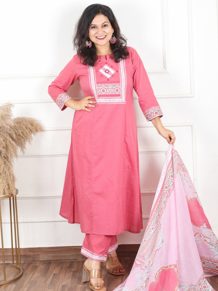 Maharani Pastel Pink Applique with Mirror and Thread Yoke on Neck Cotton 3 Piece Set