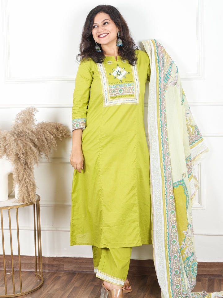 Maharani Leaf Neon Applique with Mirror and Thread Yoke on Neck Cotton 3 Piece Set
