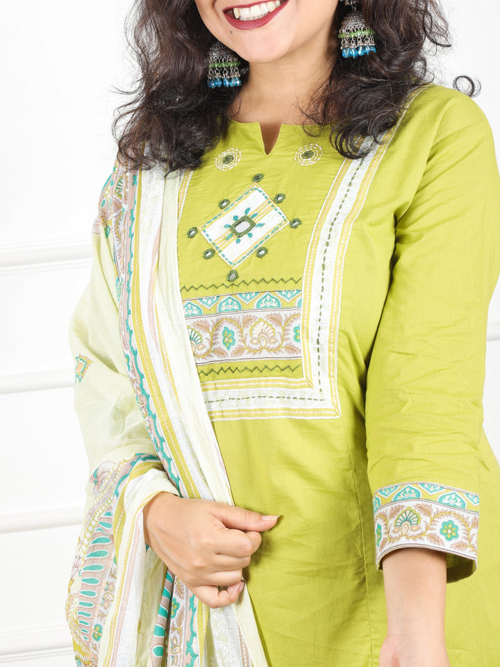 Maharani Leaf Neon Applique with Mirror and Thread Yoke on Neck Cotton 3 Piece Set