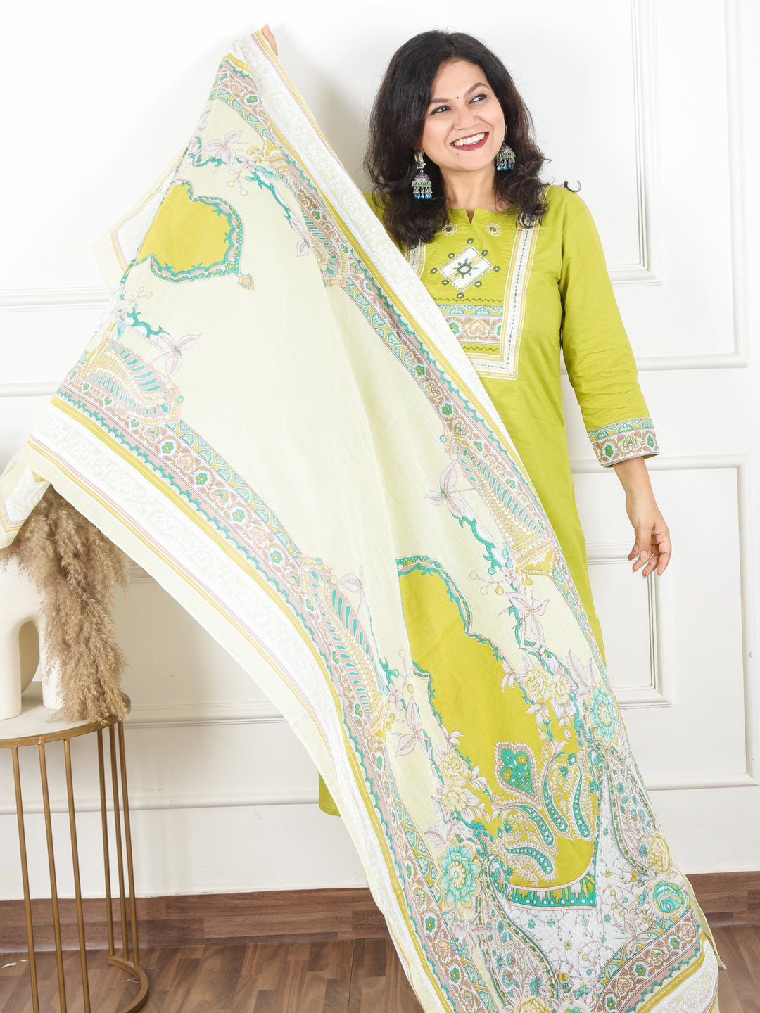 Maharani Leaf Neon Applique with Mirror and Thread Yoke on Neck Cotton 3 Piece Set