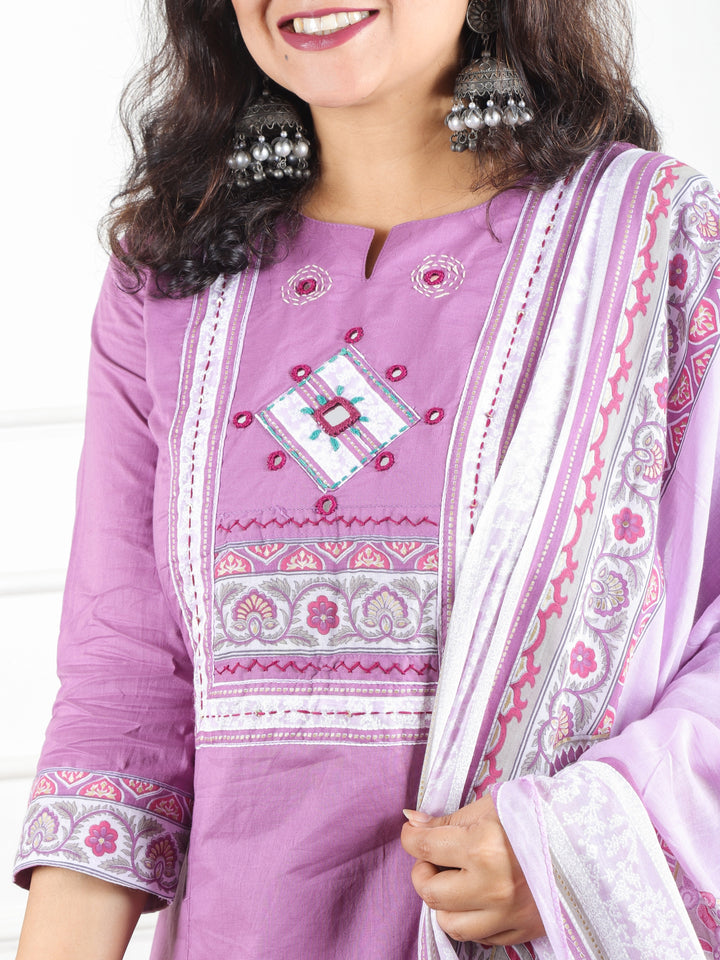 Maharani Pastel Lilac Applique with Mirror and Thread Yoke on Neck Cotton 3 Piece Set