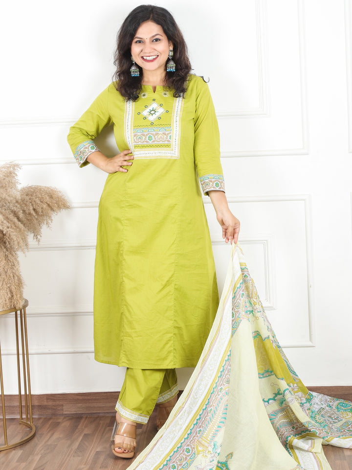 Maharani Leaf Neon Applique with Mirror and Thread Yoke on Neck Cotton 3 Piece Set