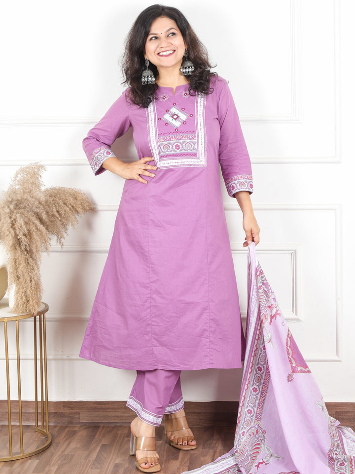 Maharani Pastel Lilac Applique with Mirror and Thread Yoke on Neck Cotton 3 Piece Set