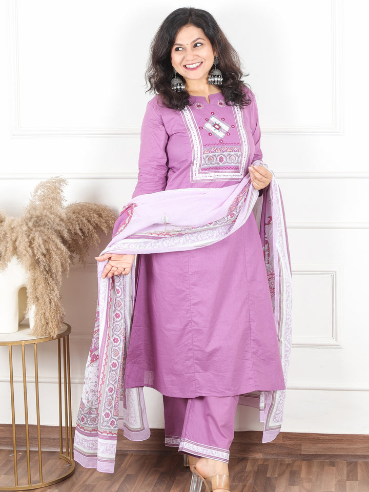 Maharani Pastel Lilac Applique with Mirror and Thread Yoke on Neck Cotton 3 Piece Set