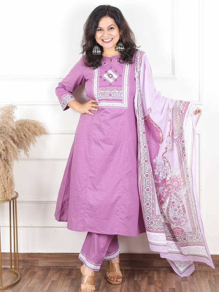 Maharani Pastel Lilac Applique with Mirror and Thread Yoke on Neck Cotton 3 Piece Set