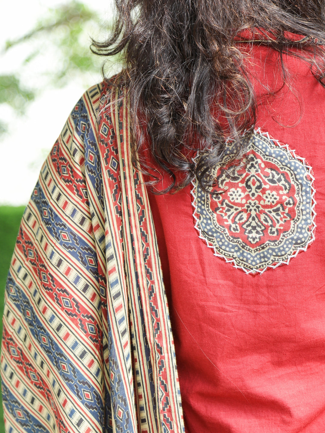 Barsaati Barn Red V Neck Mirror Work with Front Patch Cotton 3 Piece Set with Side Pocket