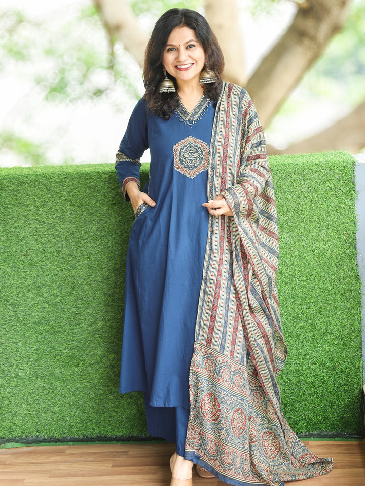 Barsaati Royal Blue V Neck Mirror Work with Front Patch Cotton 3 Piece Set with Side Pocket