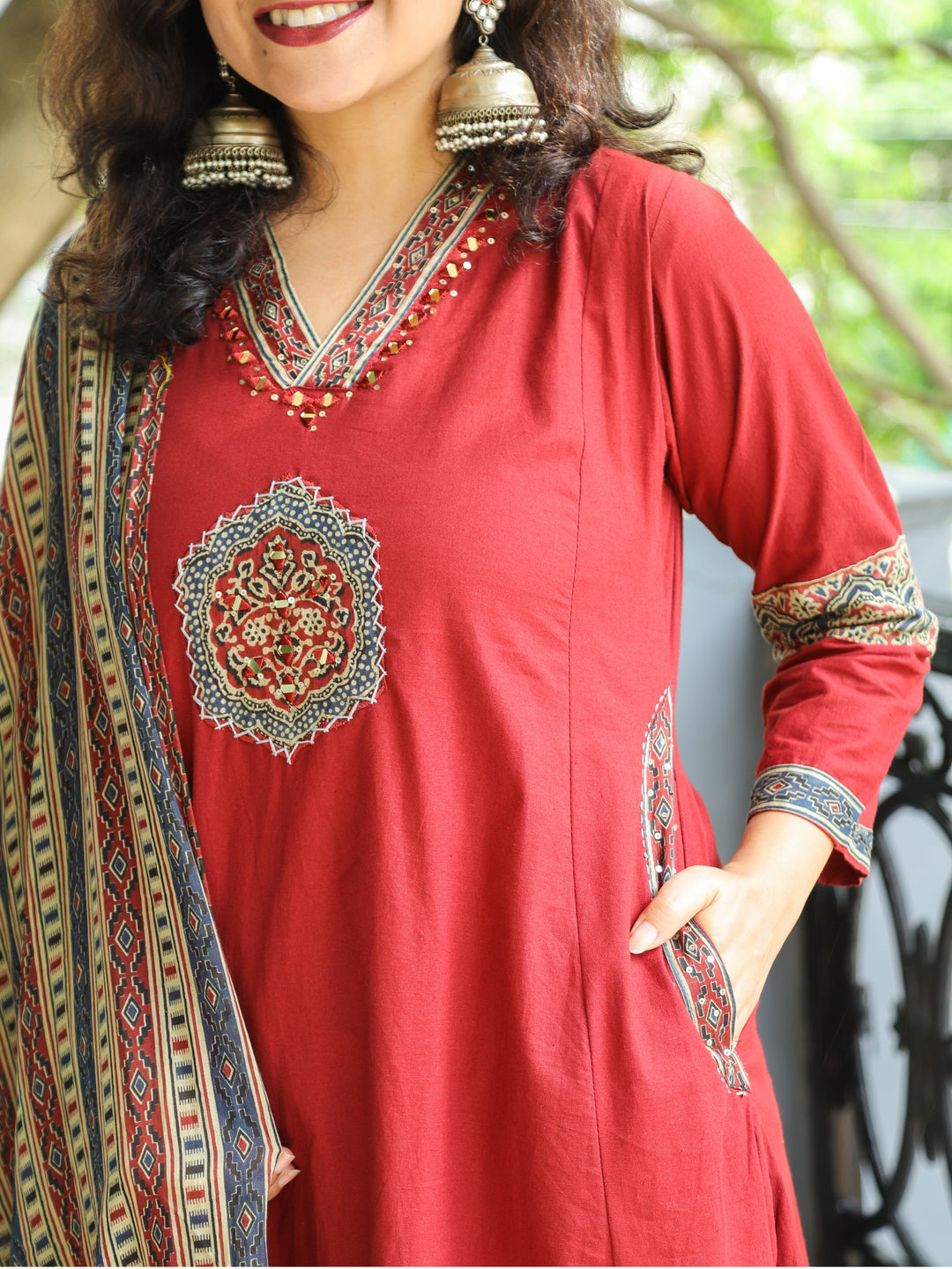 Barsaati Barn Red V Neck Mirror Work with Front Patch Cotton 3 Piece Set with Side Pocket