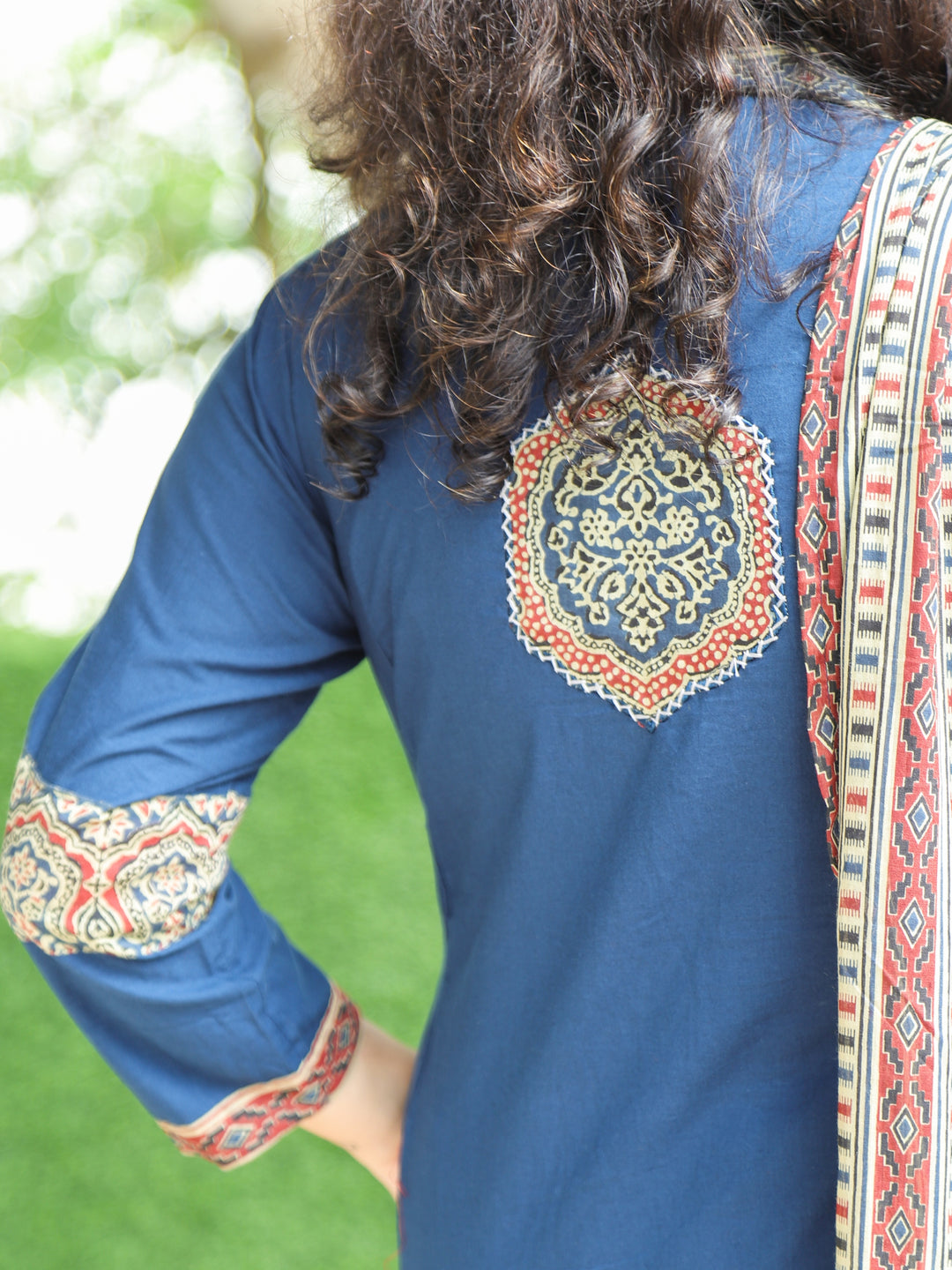 Barsaati Royal Blue V Neck Mirror Work with Front Patch Cotton 3 Piece Set with Side Pocket