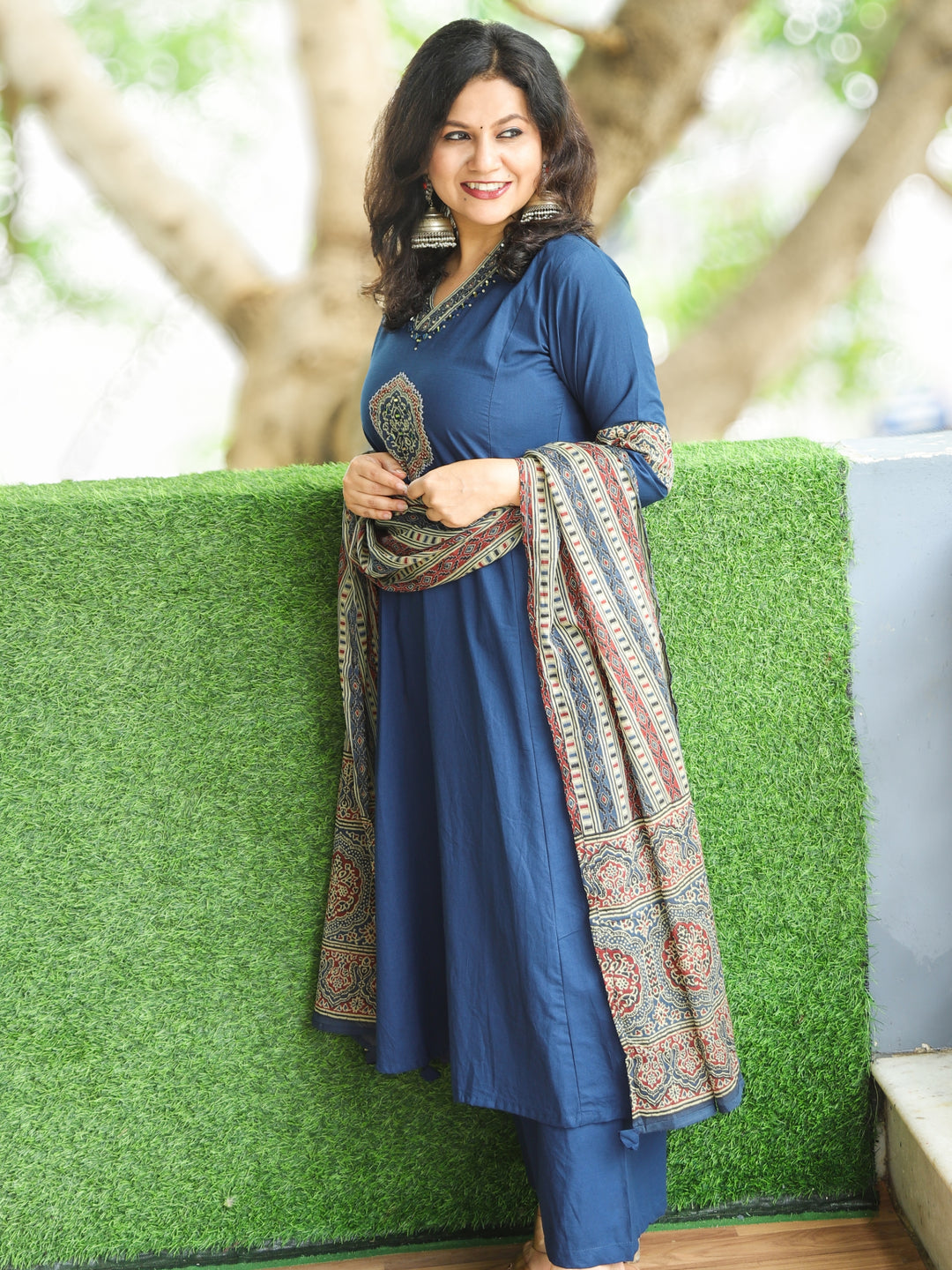 Barsaati Royal Blue V Neck Mirror Work with Front Patch Cotton 3 Piece Set with Side Pocket