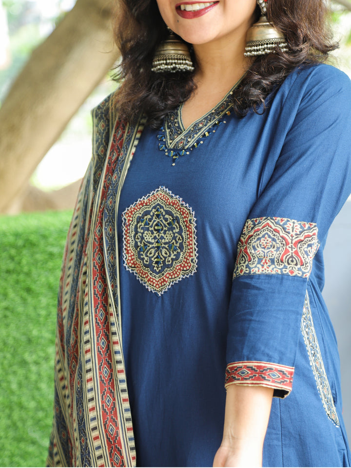 Barsaati Royal Blue V Neck Mirror Work with Front Patch Cotton 3 Piece Set with Side Pocket