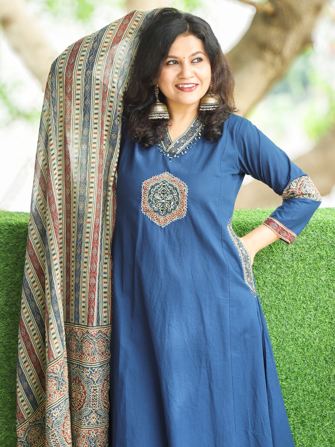 Barsaati Royal Blue V Neck Mirror Work with Front Patch Cotton 3 Piece Set with Side Pocket