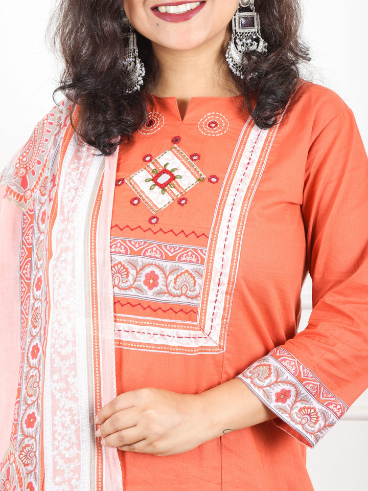 Maharani Pastel Peach Applique with Mirror and Thread Yoke on Neck Cotton 3 Piece Set