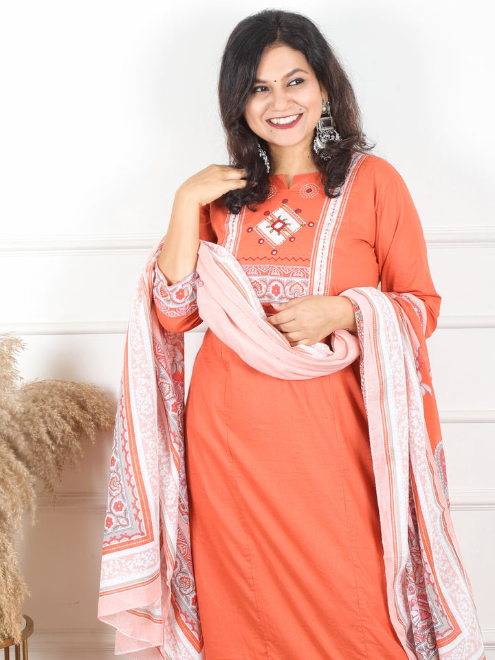 Maharani Pastel Peach Applique with Mirror and Thread Yoke on Neck Cotton 3 Piece Set