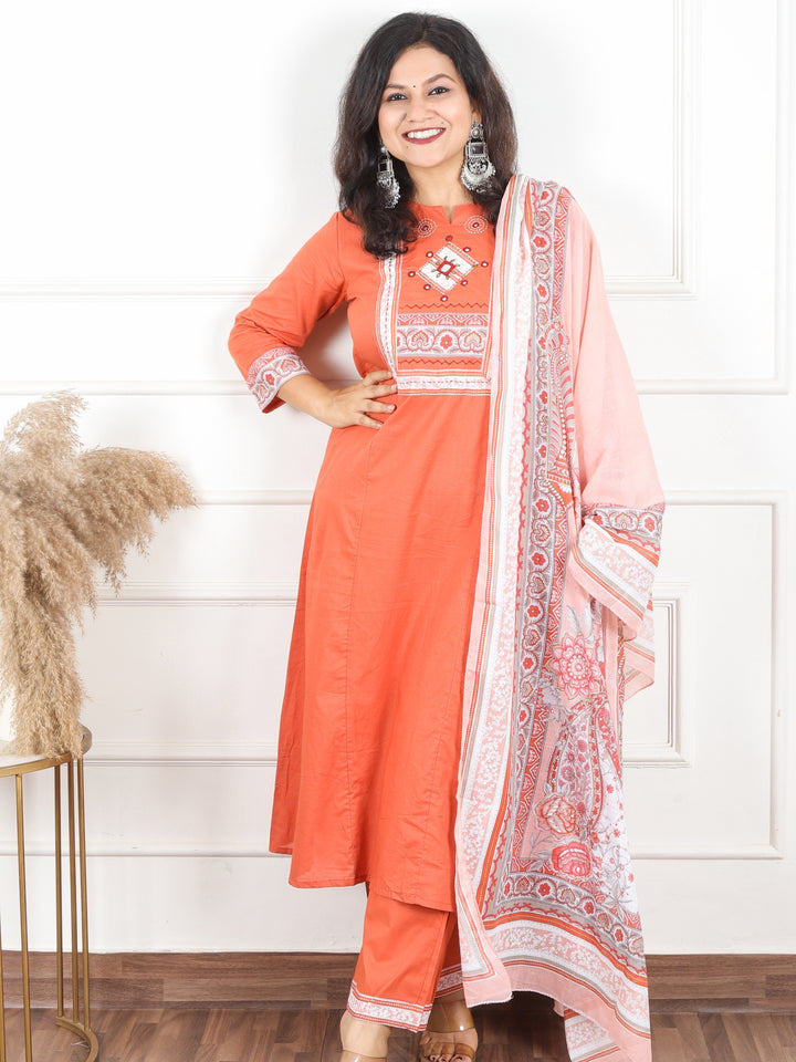 Maharani Pastel Peach Applique with Mirror and Thread Yoke on Neck Cotton 3 Piece Set