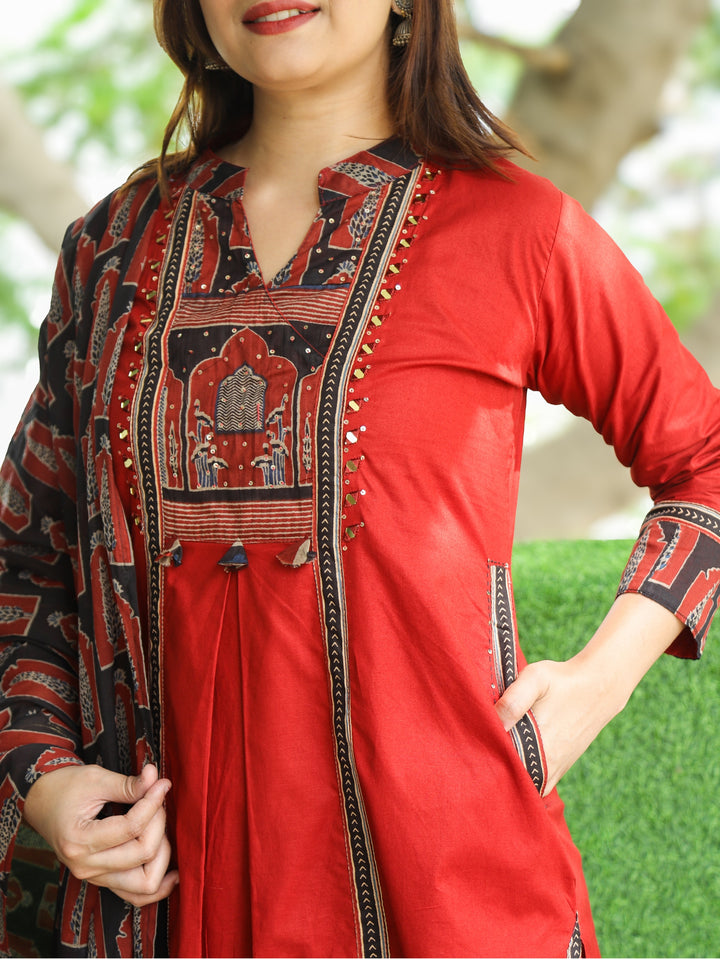 Barsaati Cherry Red Ajrak Printed Patch on Neck in Alia Cut Cotton 3 Piece Set