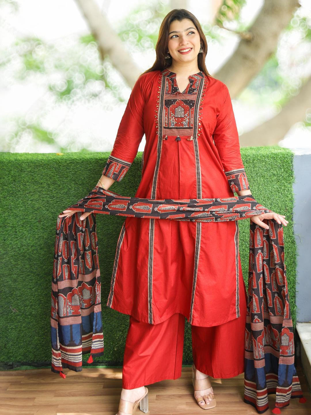 Barsaati Cherry Red Ajrak Printed Patch on Neck in Alia Cut Cotton 3 Piece Set