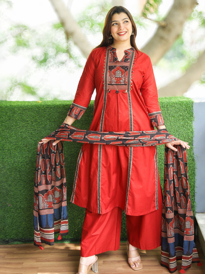 Barsaati Cherry Red Ajrak Printed Patch on Neck in Alia Cut Cotton 3 Piece Set