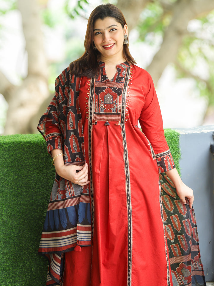 Barsaati Cherry Red Ajrak Printed Patch on Neck in Alia Cut Cotton 3 Piece Set