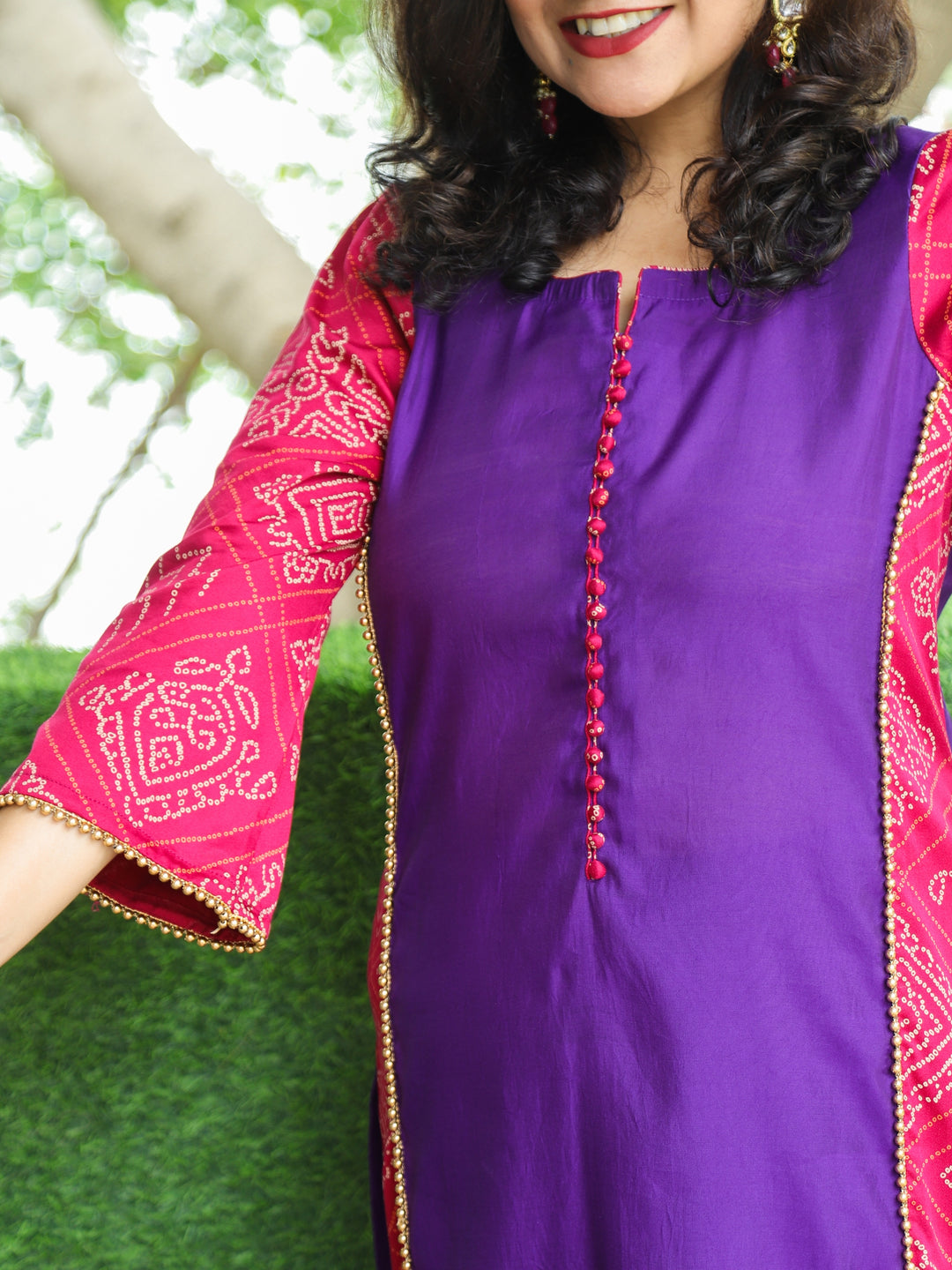 Hilori Vibrant Purple Potli Button with Bandhani Print Panel Work Roman SIlk Kurti
